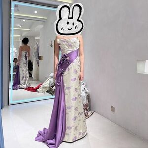 Elegant Strapless Gown with Purple Accents